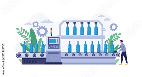 Automated factory production line with blue bottles moving on a conveyor belt while being monitored by an industrial worker.