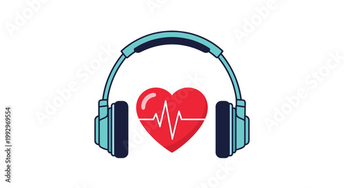 Musical illustration featuring a red heart with a pulse line centered between a pair of blue over-ear stereo headphones.