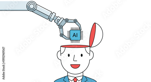 Robotic arm inserting an artificial intelligence microchip into the open head of a smiling businessman for brain enhancement.