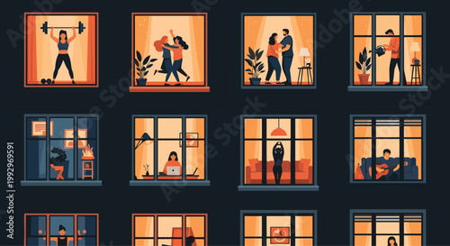 Night scene of an apartment building with neighbors seen through windows doing various activities like exercise and work.