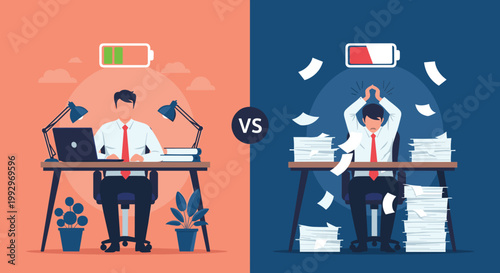Comparison between a productive worker with a full battery and a tired exhausted employee with a low battery at his desk.