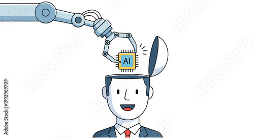 Robotic arm inserting an artificial intelligence microchip into an open human head represents human augmentation and tech integration.