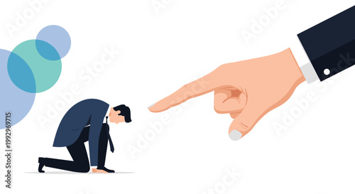 Giant hand pointing its finger at a man kneeling in shame or defeat illustrating power imbalance, blame, or accusation.