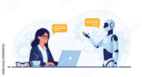 Professional woman having a conversation with an advanced artificial intelligence robot in a modern workspace environment.