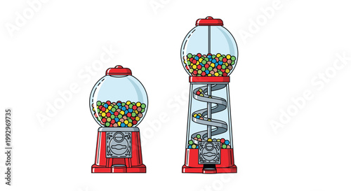 Comparison of two classic red gumball machines filled with colorful candies including a standard and a tall spiral model.