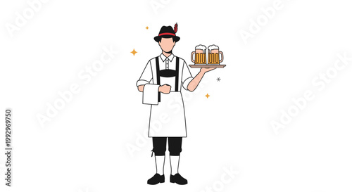 Man in traditional Bavarian clothing or Lederhosen holding two glasses of beer on a tray for a festive celebration like Oktoberfest.