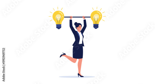 Strong businesswoman lifting heavy glowing light bulb weights over her head symbolizing the power of ideas and mental strength.
