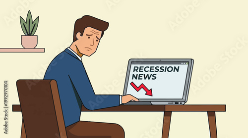 Concerned Businessman Reading Bad Economic Recession News