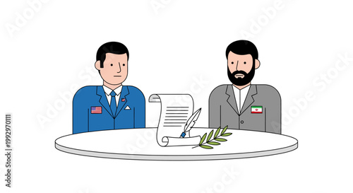 Diplomatic representatives from the United States and Iran at a peace negotiation table.