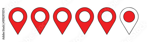Set of red map pins in flat style with black outline, various gps navigation and location pointers.