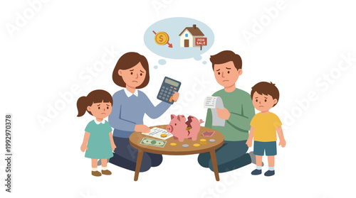 Worried Family Facing Financial Crisis with Broken Piggy Bank