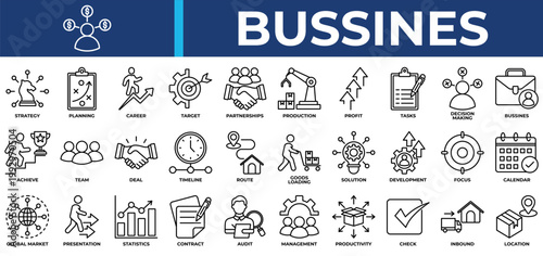 Bussines icon set collection. Containing achieve, statistics, evolution, corporation, profit, decision, employment .Line vector icons collection