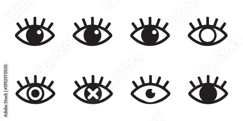 Bold black eye icons featuring different expressions and styles for graphic design and abstract themes.