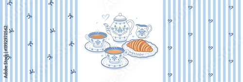 Elegant tea set illustration with floral porcelain teapot, cups, milk jug and croissant. Clean, decorative vintage style, cozy breakfast scene in soft blue tones, perfect for menu, packaging, and bran