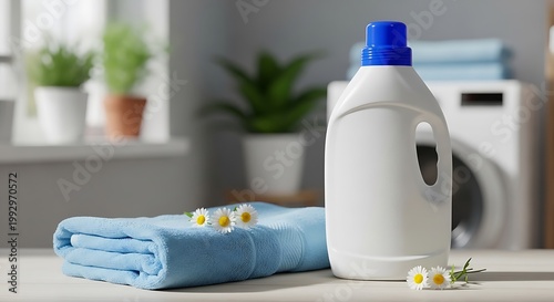 Laundry day essentials - detergent, soft towels, and fresh flowers.