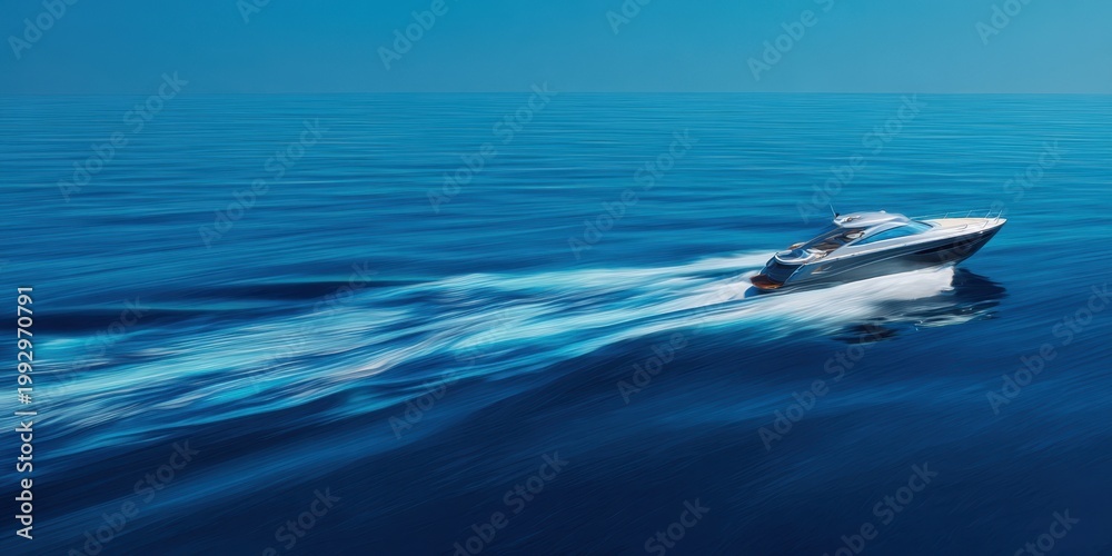 Naklejka premium The yacht cutting through crystal blue ocean water leaving dynamic white wake