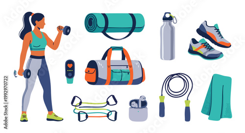 Fitness Equipment and Woman Exercising with Dumbbells Illustration