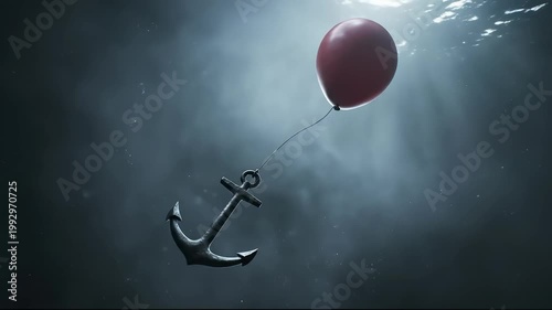 Red Balloon Floats with Anchor Underwater