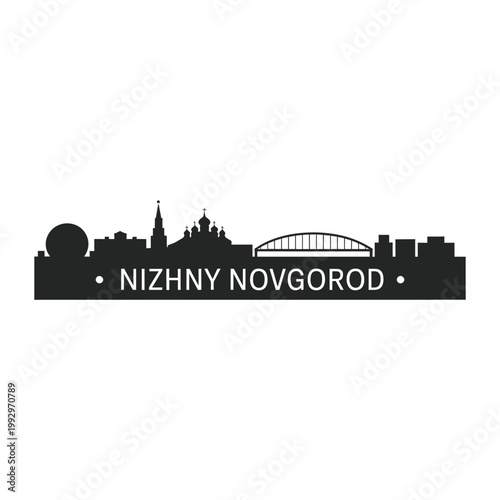 A black silhouette of nizhny novgorod skyline with city and bridge
