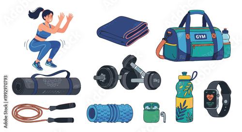 Gym Equipment Icons and Woman Doing Jump Squats