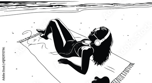 Monochrome silhouette drawing of a female unwinding by the ocean shore