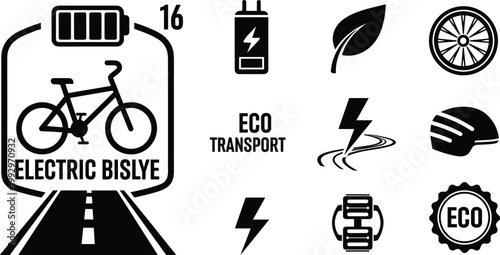 Vector Set of Eco-Friendly Electric Bike and Transport Icons, Featuring Battery, Leaf, Lightning Bolt, and Cycling Symbols for Sustainable Mobility Designs