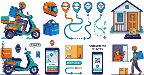 Courier Delivery Service Icons and Package Tracking Illustration