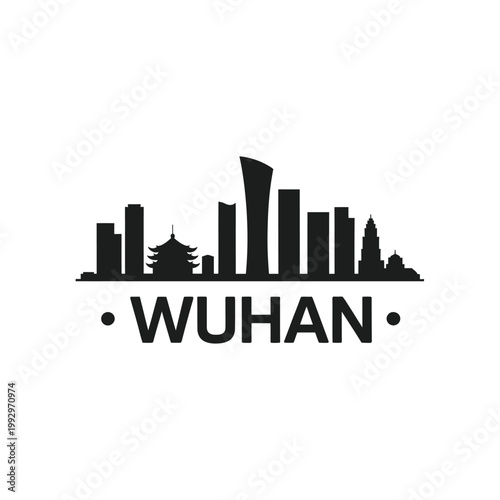 Wuhan city skyline silhouette with text identifying the location
