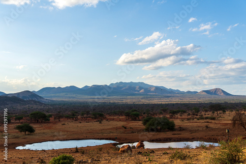 Views of the Chyulu hills from Kilaguni Serena lodge in Tsavo West National Park, Kenya.
