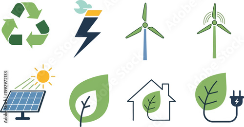 Renewable energy icons sustainability power and eco friendly solutions