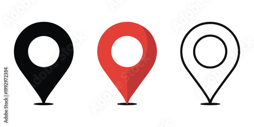 Set of three location pin icons in different styles, black, red, and outline, isolated on transparent background.