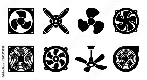 Industrial fan icons set, black electric ventilator silhouettes, cooling system propeller symbols, 8 vector ventilation equipment elements