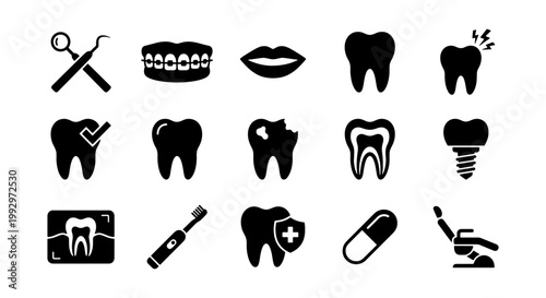 Dental care icon set with 15 black vector symbols, stomatology and orthodontics icons, tooth health and dentistry equipment collection for clinic branding