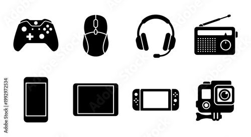 Modern electronic gadget icons set, black silhouette technology device symbols, 8 vector elements for gaming and multimedia interface design