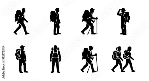 Hiking silhouette icons set, backpacker and trekker figures walking with gear, mountain climbers and travelers vector collection for outdoor adventure
