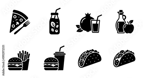 Minimalist black food icons set, flat vector fast food and healthy meal symbols, 8 solid silhouette restaurant menu graphics