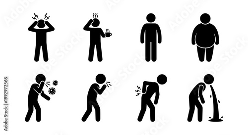 Medical symptoms stick figure icon set, 8 sickness and disease vector illustrations, patient health problems and illness signs for healthcare infographics