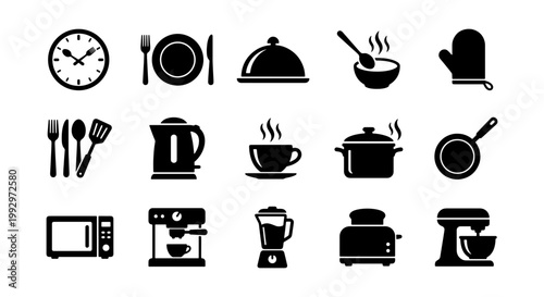 Kitchen icons set with 15 black vector silhouettes, cooking equipment and household appliances collection, restaurant and culinary symbols for menu design