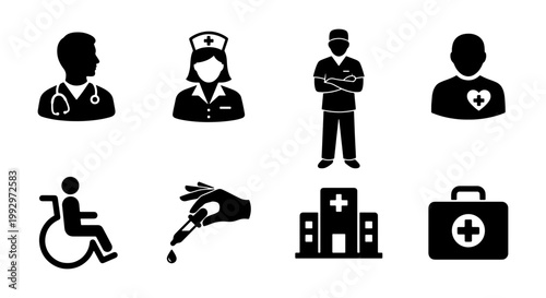 Medical icon set with healthcare professionals and hospital symbols, black silhouette doctor and nurse avatars, 8 vector icons for clinic signage