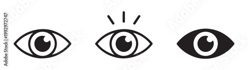 Set of three distinct black eye icons, one with radiating lines, isolated on transparent background.