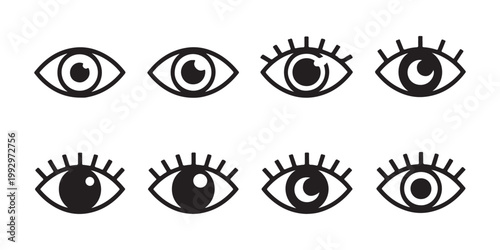 Set of black eye icons featuring different pupil and eyelash styles, isolated on transparent background.