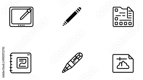 Essential Design Tools: Streamlined icons depicting essential design elements, including a drawing tablet, stylus, document, and sketchpad. A minimalist style for clear communication and versatility.