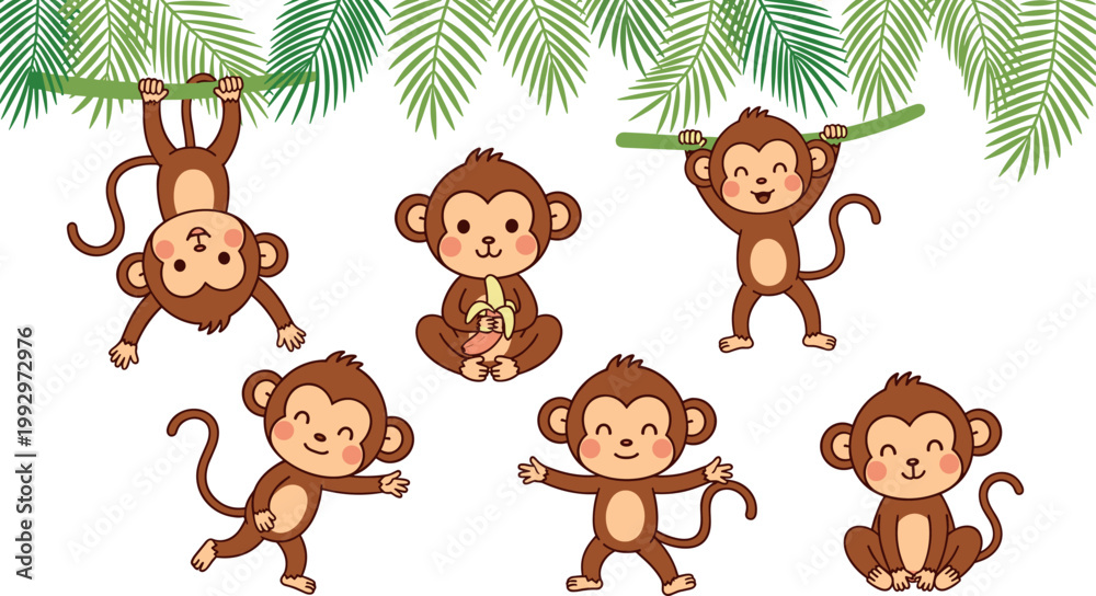 Fototapeta premium Set of cute cartoon monkeys playing in tropical jungle, funny baby primates swinging, smiling characters vector illustration for kids design
