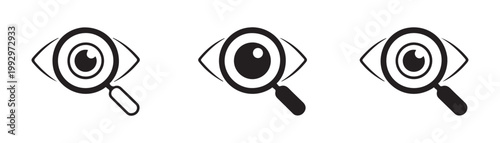 Set of three magnifying glass icons over eye symbolizing observation, research, and scrutiny with transparent background.