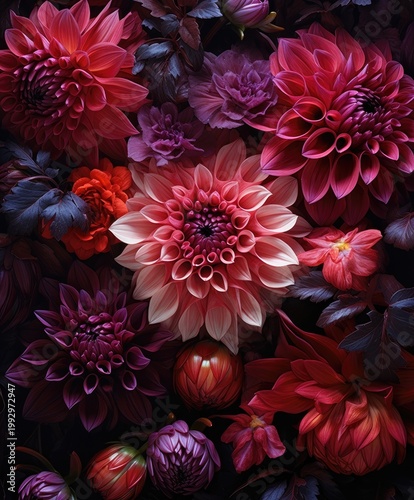 A stunning display of colorful dahlias and roses features shades of red, pink, and purple against a dark background, showcasing their intricate petals and lush foliage beautifully