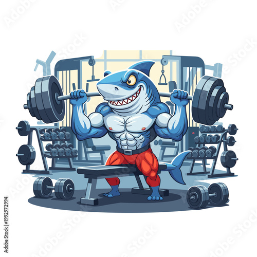 Muscular Shark Bodybuilder Lifting Weights In Gym Cartoon Illustration