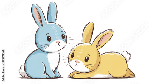 Two cartoon bunnies sitting closely together