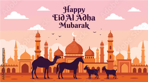 Eid al-Adha Mubarak greeting with mosque and camels in orange landscape