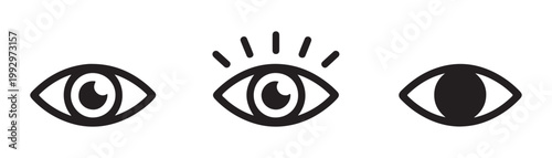 Collection of three black eye icons, one with radiating lines, showcasing different styles on transparent background.