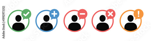 Colorful user profile status notification icons with check mark and plus sign for community member ui.